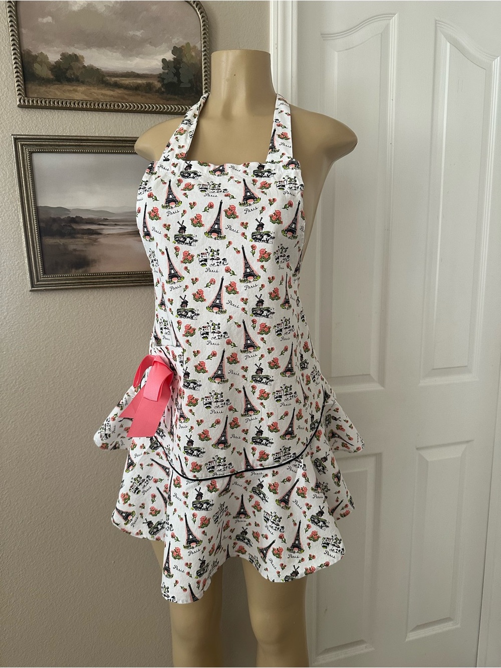 White Paris Print Halter Ruffle apron with Pink Accent